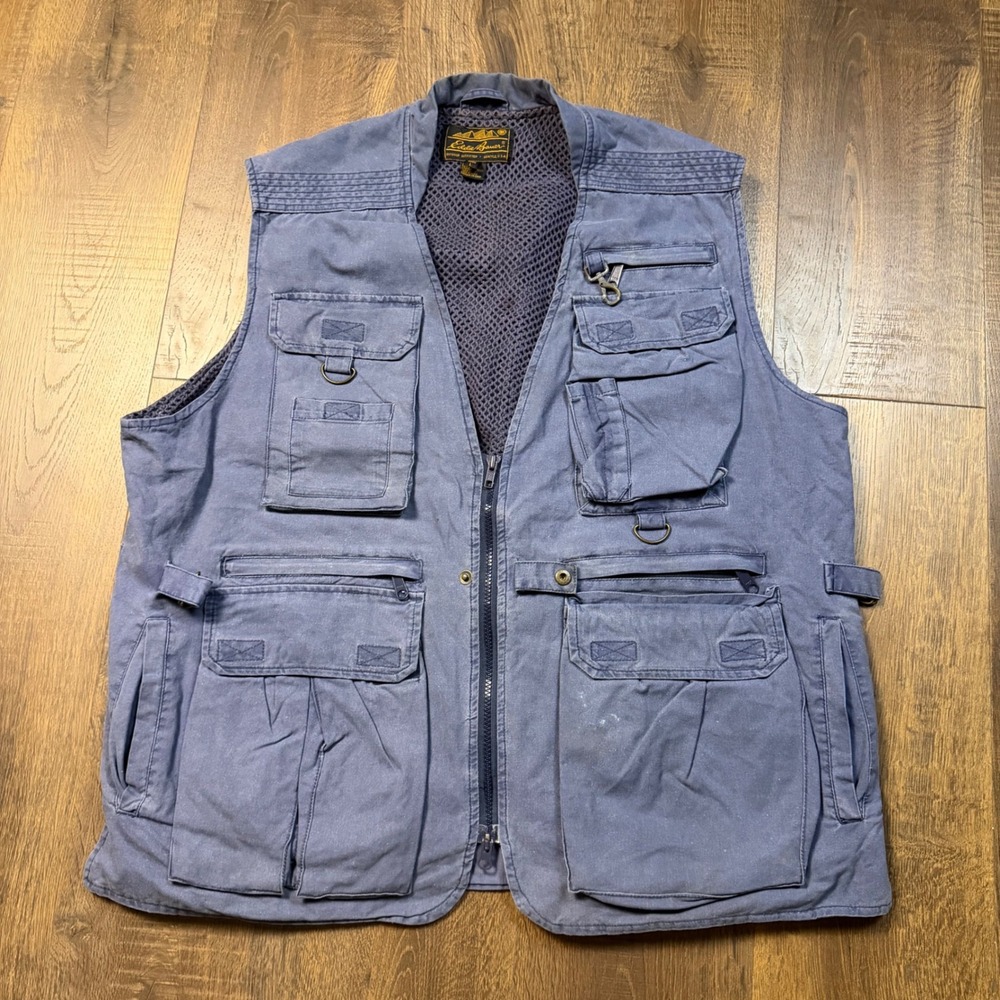 Vintage 90s Eddie Bauer Mens Large Blue Fishing Safari Utility Vest Pockets